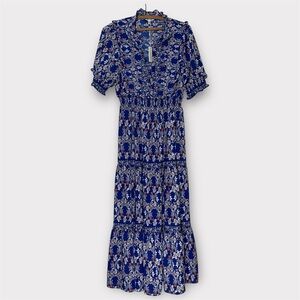 Max Studio Long Maxi Dress Women’s Large Blue Ditsy Floral Ruffle Short Sleeve